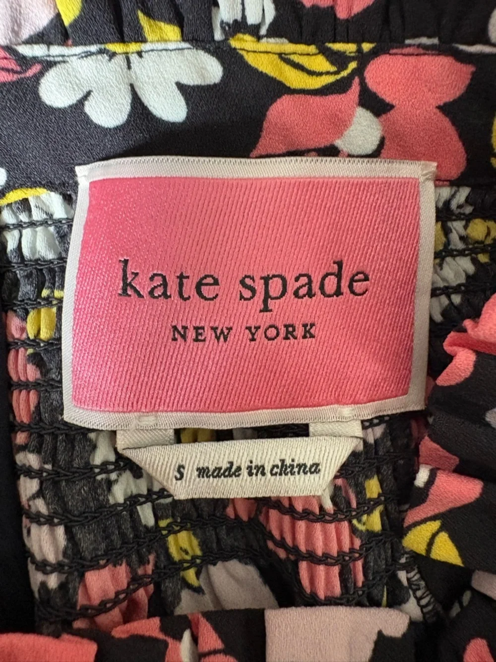 kate spade Black Floral Smocked Neck Dress with Pink & White Flowers
